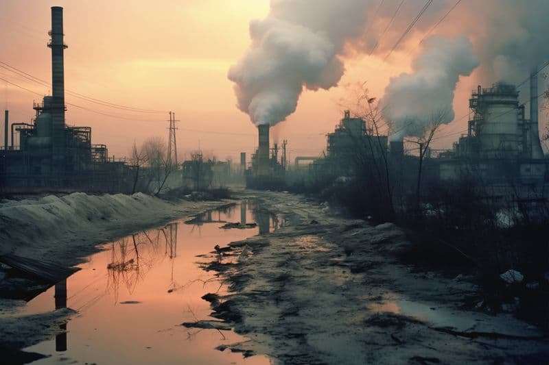 Znečištěný vodní tok plný odpadků uprostřed industrialní zóny